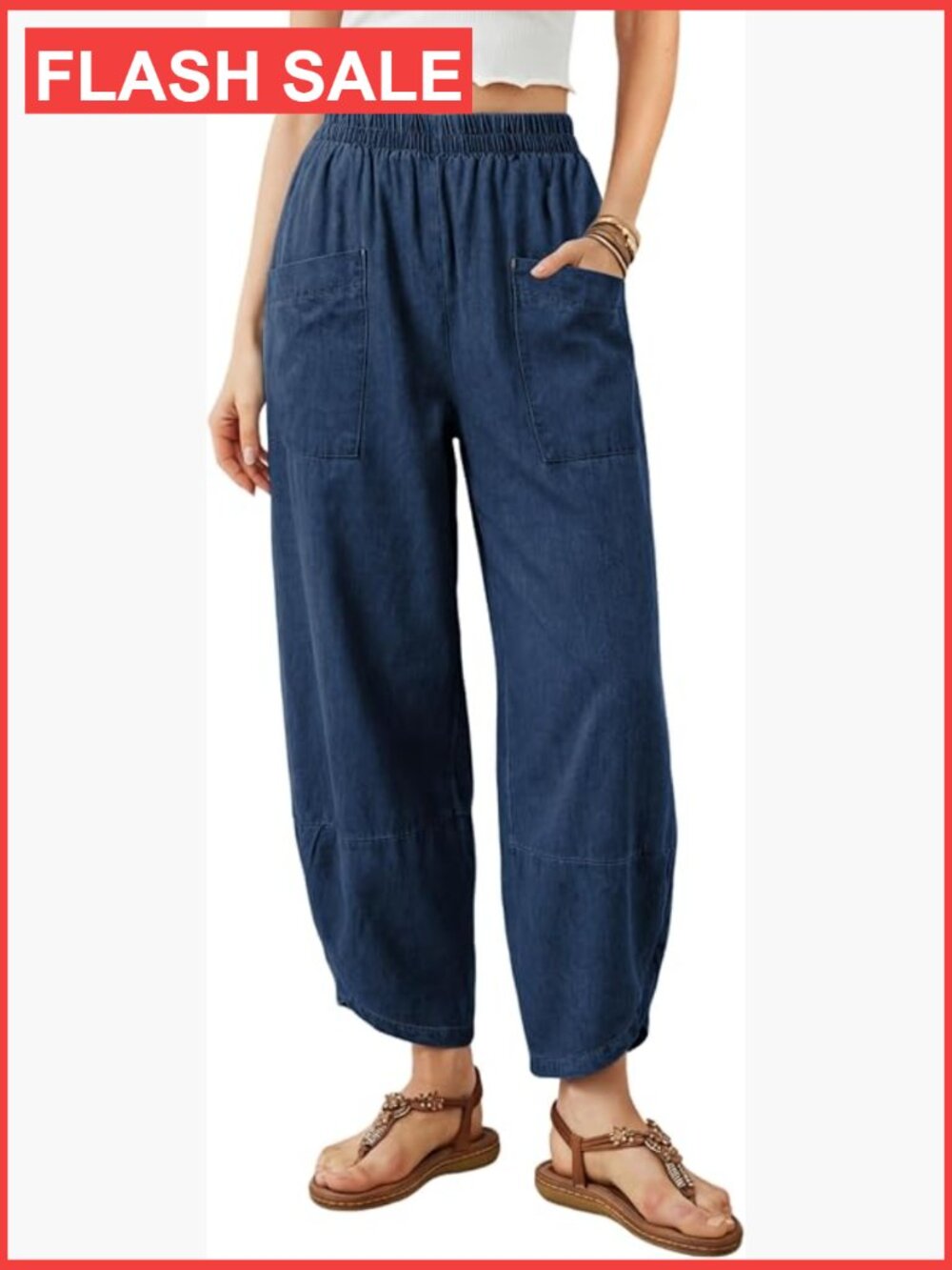 Wide Leg Baggy Denim Jeans High Rise Elastic Waist Casual Pockets